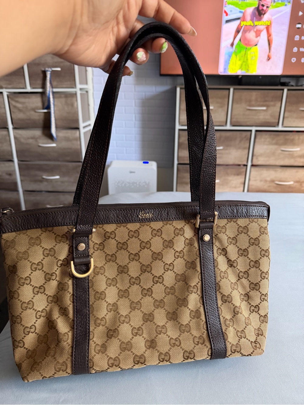 Gucci Brown GG Canvas Shoulder Bag with Dark Leather Trim